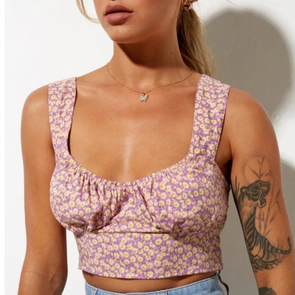 Motel Rocks Gilda Crop Top In Flower Fun Lilac Lemon size S